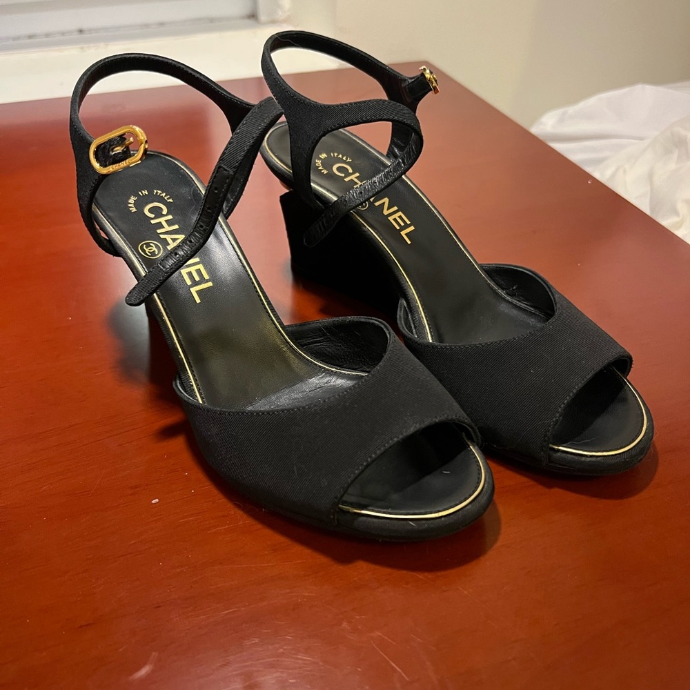 Chanel Black Pearl Wedge 36.5 US 6.5